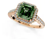 Halo Engagement Ring Setting for Fancy Green Asscher Cut Center with Narrowing Pave Band and Prong Head in Rose Gold