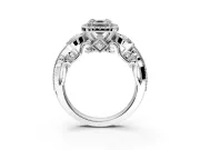 Milgrain Halo Engagement Ring Setting for Asscher Cut Center with Shoulder Bezels and Prong Head in Sterling Silver