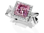 Halo Engagement Ring Setting for Fancy Pink Princess Cut Center with Floral Band and Prong Head in Sterling Silver