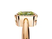 Halo Engagement Ring Setting for Fancy Yellow Emerald Cut Center with Tapered Plain Band and Prong Head in Rose Gold