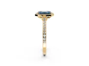 Halo Engagement Ring Setting for Fancy Blue Emerald Cut Center with Pave Accents, Heart Basket and Prong Head in Yellow Gold