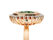 Halo Engagement Ring Setting for Fancy Green Radiant Cut Center with Milgrain Bezel Rim, Plain Band and Prong Head in Rose Gold
