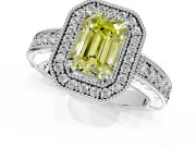 Milgrain Halo Engagement Ring Setting for Fancy Yellow Emerald Cut Center with Pave Band and Prong Head in White Gold