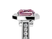 Halo Engagement Ring Setting for Fancy Pink Asscher Cut Center with Outer Bezel Rim, Pave Band and Prong Head in White Gold