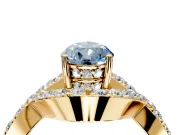 Halo Engagement Ring Setting for Fancy Blue Pear-Shaped Center with Pave Infinity Twist Band and Prong Head in Yellow Gold
