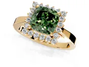 Starburst Halo Engagement Ring Setting for Fancy Green Cushion Cut Center with Flat Cathedral Band and Prong Head in Yellow Gold