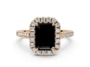 Halo Engagement Ring Setting for Fancy Black Emerald Cut Center with Narrowing Pave Band and Prong Head in Rose Gold