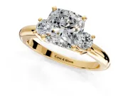3 Stone Engagement Ring Setting for Cushion Cut Center with Wide Plain Band and Prong Head in Yellow Gold