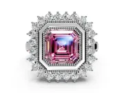Halo Engagement Ring Setting for Fancy Pink Asscher Cut Center with Milgrain Bezel Rim, Plain Band and Prong Head in White Gold