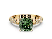 Solitaire Engagement Ring Setting for Fancy Green Cushion Cut Center with Multi-Row Accents and Prong Head in Yellow Gold