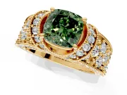 Pave Engagement Ring Setting for Fancy Green Cushion Cut Center with Curved Accent Rows, Openwork and Prong Head in Yellow Gold