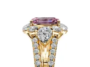 Halo Engagement Ring Setting for Fancy Pink Emerald Cut Center with Two-Strand Split Shank and Prong Head in Yellow Gold