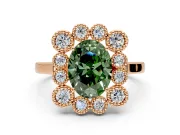 Cluster Halo Engagement Ring Setting for Fancy Green Oval Center with Milgrain Bezel Accents and Prong Head in Rose Gold