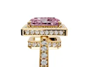 Halo Engagement Ring Setting for Fancy Pink Radiant Cut Center with Metal-Rimmed Halo, Pave Band and Prong Head in Yellow Gold