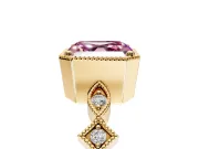 Milgrain Bezel Engagement Ring Setting for Fancy Pink Asscher Cut Center with Marquise Stations and Bezel Head in Yellow Gold