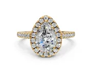 Halo Engagement Ring Setting for Pear-Shaped Center with Raised Halo, Pave Band and Prong Head in Yellow Gold