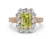 Halo Engagement Ring Setting for Fancy Yellow Emerald Cut Center with Milgrain Channel Band and Prong Head in Rose Gold