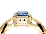 Halo Engagement Ring Setting for Fancy Blue Emerald Cut Center with Tapered Plain Band and Prong Head in Yellow Gold