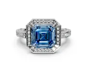 Halo Engagement Ring Setting for Fancy Blue Asscher Cut Center with Framed Halo, Pave Band and Prong Head in White Gold