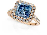 Halo Engagement Ring Setting for Fancy Blue Princess Cut Center with Raised Halo, Pave Band and Prong Head in Rose Gold