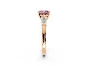 3 Stone Engagement Ring Setting for Fancy Pink Cushion Cut Center with Channel Baguette Accents and Prong Head in Rose Gold