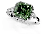 Cluster Engagement Ring Setting for Fancy Green Asscher Cut Center with Milgrain Shoulder Clusters and Prong Head in Sterling Silver