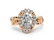 Halo Engagement Ring Setting for Pear-Shaped Center with Open Scroll Shoulders and Prong Head in Rose Gold