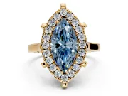 Single Halo Engagement Ring Setting for Fancy Blue Marquise Center with Corner Claws, Plain Band and Prong Head in Yellow Gold