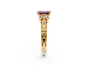 Solitaire Engagement Ring Setting for Fancy Pink Emerald Cut Center with Filigree Band and Prong Head in Yellow Gold