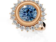 Halo Engagement Ring Setting for Fancy Blue Round Cut Center with Milgrain Bezel Rim, Plain Band and Prong Head in Rose Gold