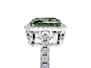 Accent Halo Engagement Ring Setting for Fancy Green Radiant Cut Center with Full-Length Pave Band and Prong Head in Platinum