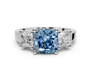 3 Stone Engagement Ring Setting for Fancy Blue Cushion Cut Center with Matching Side Accents and Prong Head in Sterling Silver
