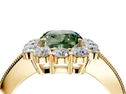 Halo Engagement Ring Setting for Fancy Green Cushion Cut Center with Milgrain Channel Band and Prong Head in Yellow Gold