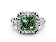 Halo Engagement Ring Setting for Fancy Green Princess Cut Center with Open Scroll Shoulders and Prong Head in Sterling Silver