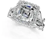 Halo Engagement Ring Setting for Asscher Cut Center with Leaf Motif Split Shank and Prong Head in Platinum