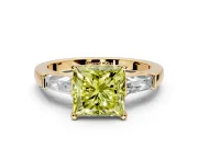 3 Stone Engagement Ring Setting for Fancy Yellow Princess Cut Center with Tapered Baguettes, Plain Band and Prong Head in Yellow Gold