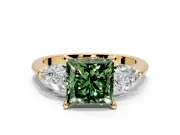 3 Stone Engagement Ring Setting for Fancy Green Princess Cut Center with Large Pear-Shaped Accents and Prong Head in Yellow Gold