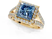 Halo Engagement Ring Setting for Fancy Blue Princess Cut Center with Narrow Pave Split Shank and Prong Head in Yellow Gold