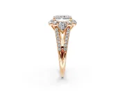 Halo Engagement Ring Setting for Radiant Cut Center with Two-Strand Split Shank and Prong Head in Rose Gold