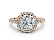 Accent Halo Engagement Ring Setting for Round Cut Center with Full-Length Pave Band and Prong Head in Rose Gold