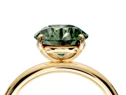 Low-Set Solitaire Engagement Ring Setting for Fancy Green Round Cut Center with Thin Plain Band and Prong Head in Yellow Gold