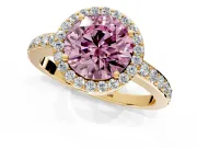 Halo Engagement Ring Setting for Fancy Pink Round Cut Center with Heart-Shaped Openwork, Pave Band and Prong Head in Yellow Gold