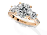 3 Stone Engagement Ring Setting for Round Cut Center with Crossover Basket, Pave Band and Prong Head in Rose Gold