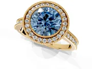 Halo Engagement Ring Setting for Fancy Blue Round Cut Center with Milgrain Pave Band and Bezel Head in Yellow Gold