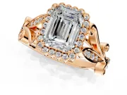 Halo Engagement Ring Setting for Emerald Cut Center with Leaf Motif Split Shank and Prong Head in Rose Gold