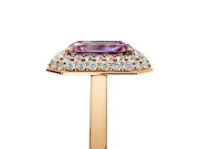 Halo Engagement Ring Setting for Fancy Pink Emerald Cut Center with Plain Tapered Band and Prong Head in Rose Gold