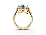 Large Accent Halo Engagement Ring Setting for Fancy Blue Asscher Cut Center with Pave Split Shank and Prong Head in Yellow Gold