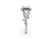 Halo Engagement Ring Setting for Fancy Green Emerald Cut Center with Leaf Motif Split Shank and Prong Head in Platinum