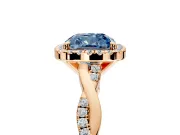 Halo Engagement Ring Setting for Fancy Blue Cushion Cut Center with Pave and Plain Twist Band and Prong Head in Rose Gold