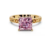 Solitaire Engagement Ring Setting for Fancy Pink Princess Cut Center with XO Engraved Band and Prong Head in Yellow Gold